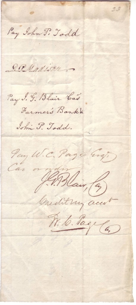 MADISON, DOROTHY PAYNE TODD (DOLLEY). Signature, DPMadison, endorsing a bill of exchange from William C. Preston in the amount of $